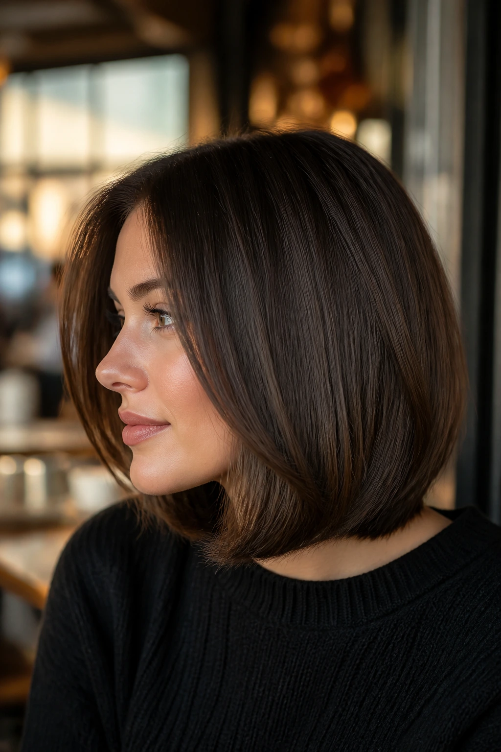 Portrait of a woman with a low-volume lob tucked under at the neck