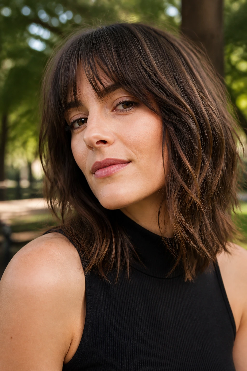 Close-up of lob-length shag with choppy layers on a real woman outdoors