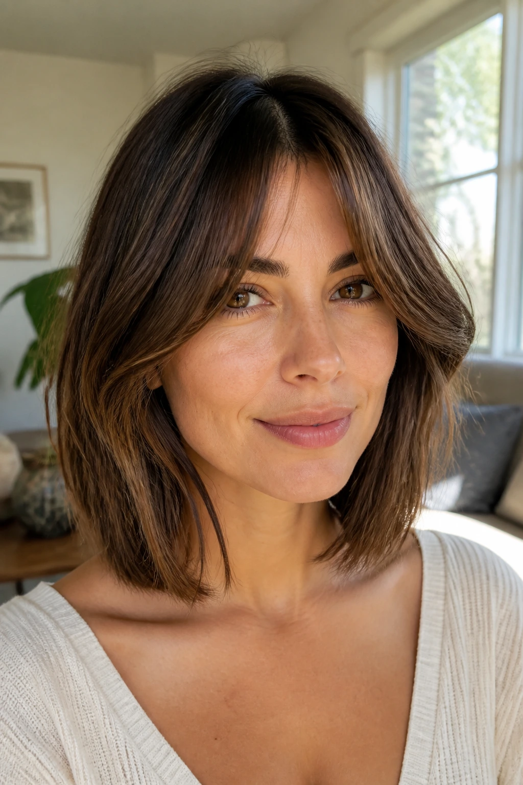 Close-up of a real woman with a lob-let and curtain bangs in warm natural light.