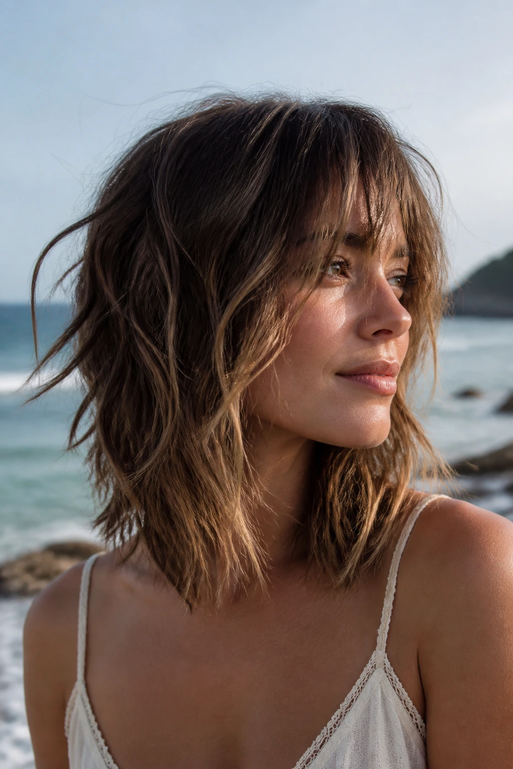 Portrait of real woman with Lob-Shag Hybrid hairstyle at the beach