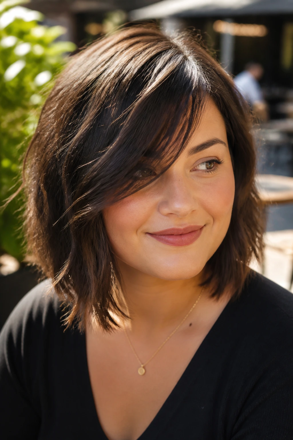 Close-up of a real woman with a choppy lob and long side bangs in outdoor sunlight.