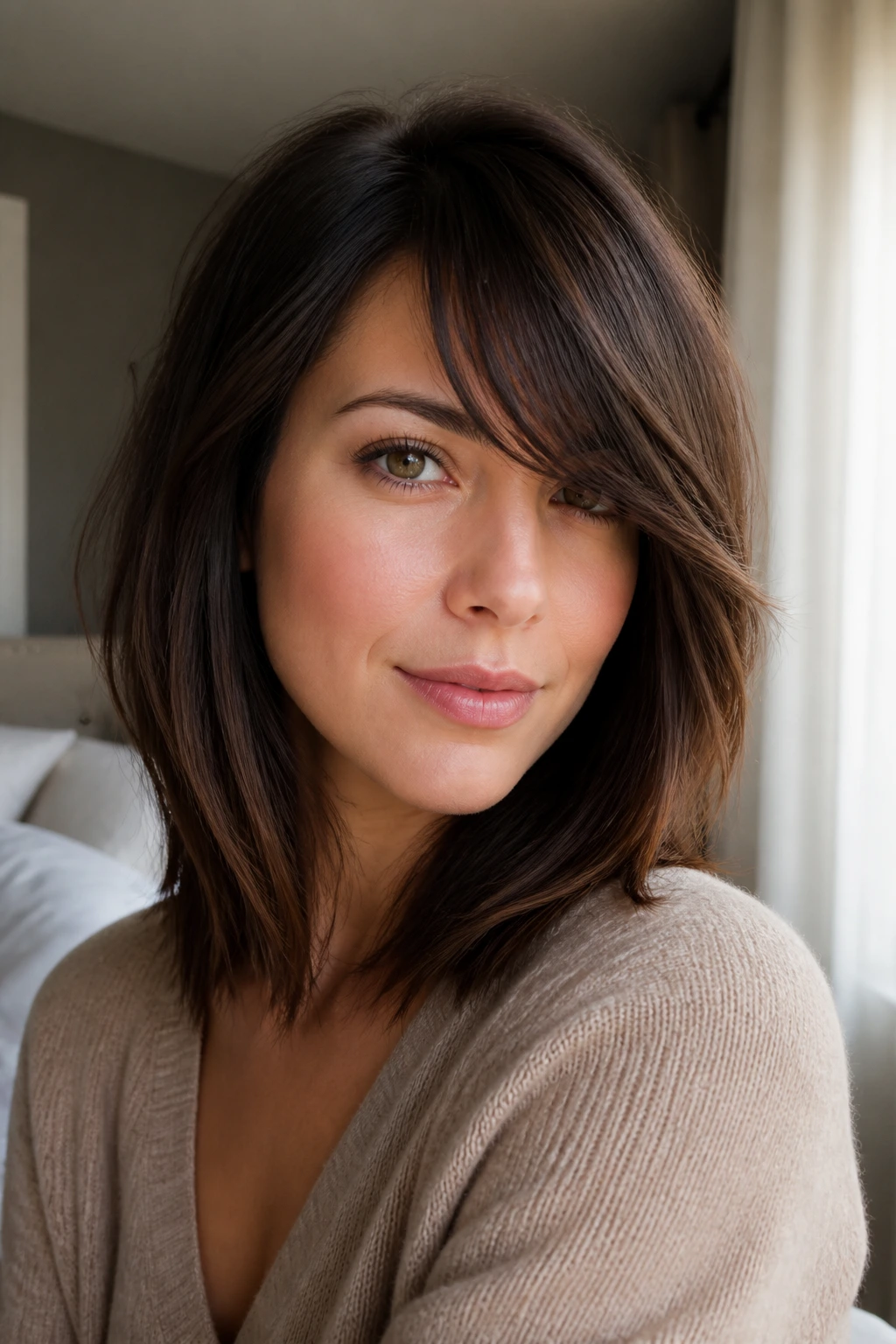 Close-up portrait of a real woman with side-swept bangs and a long lob in soft bedroom light
