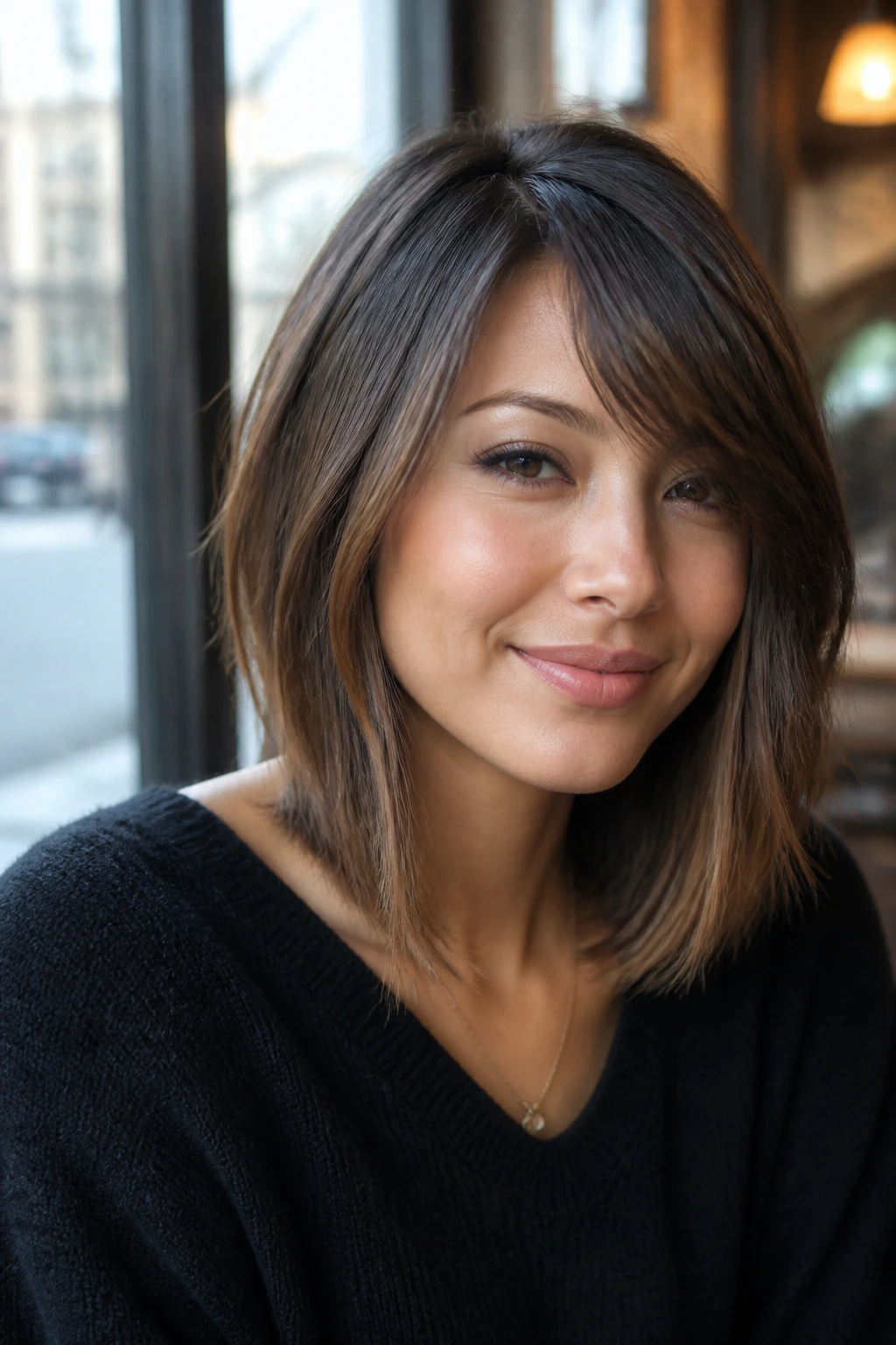 Portrait of a woman with long bob and side-swept bangs at cafe window.