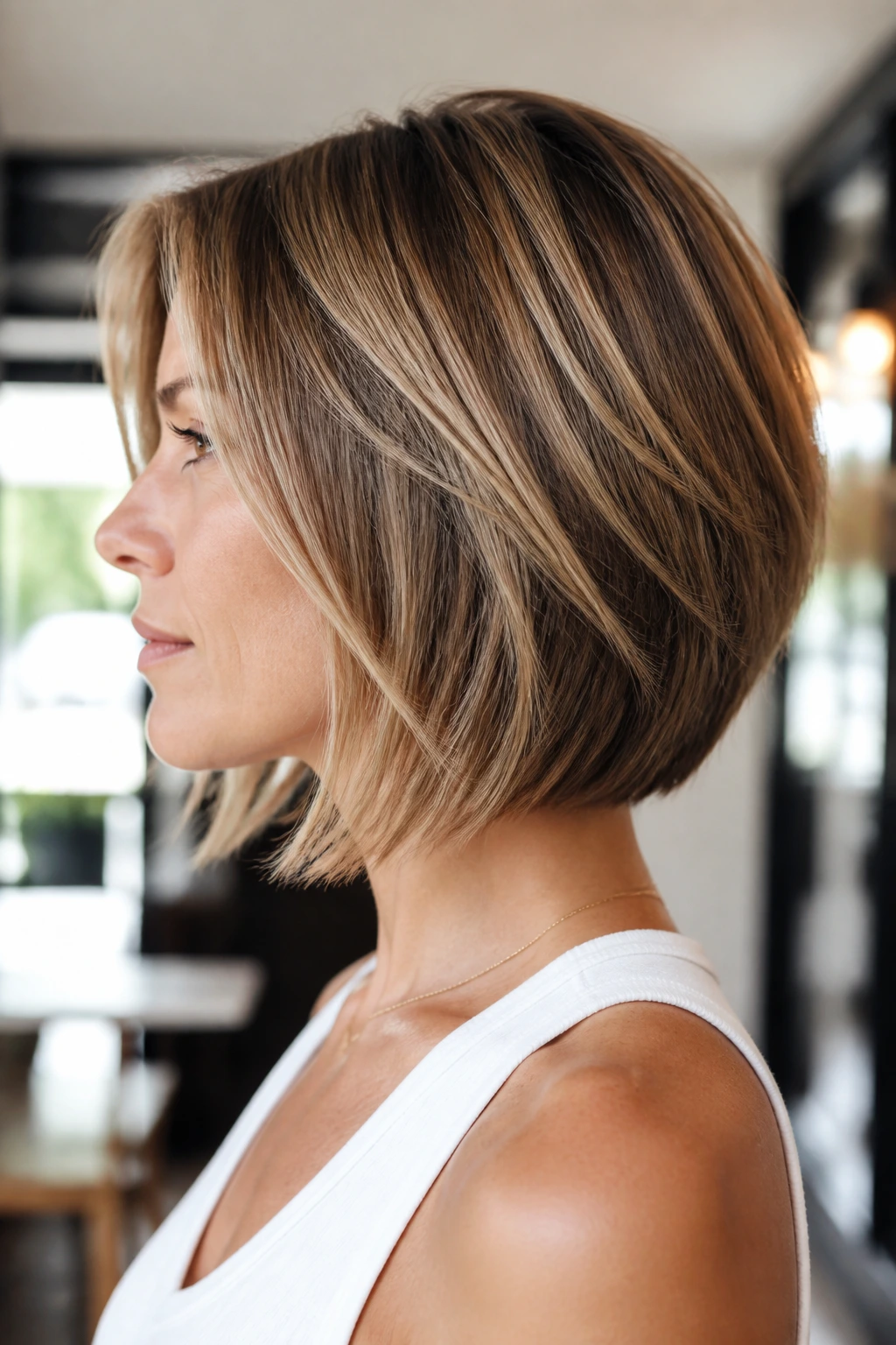 Side-profile portrait of a woman with a lob stacked haircut