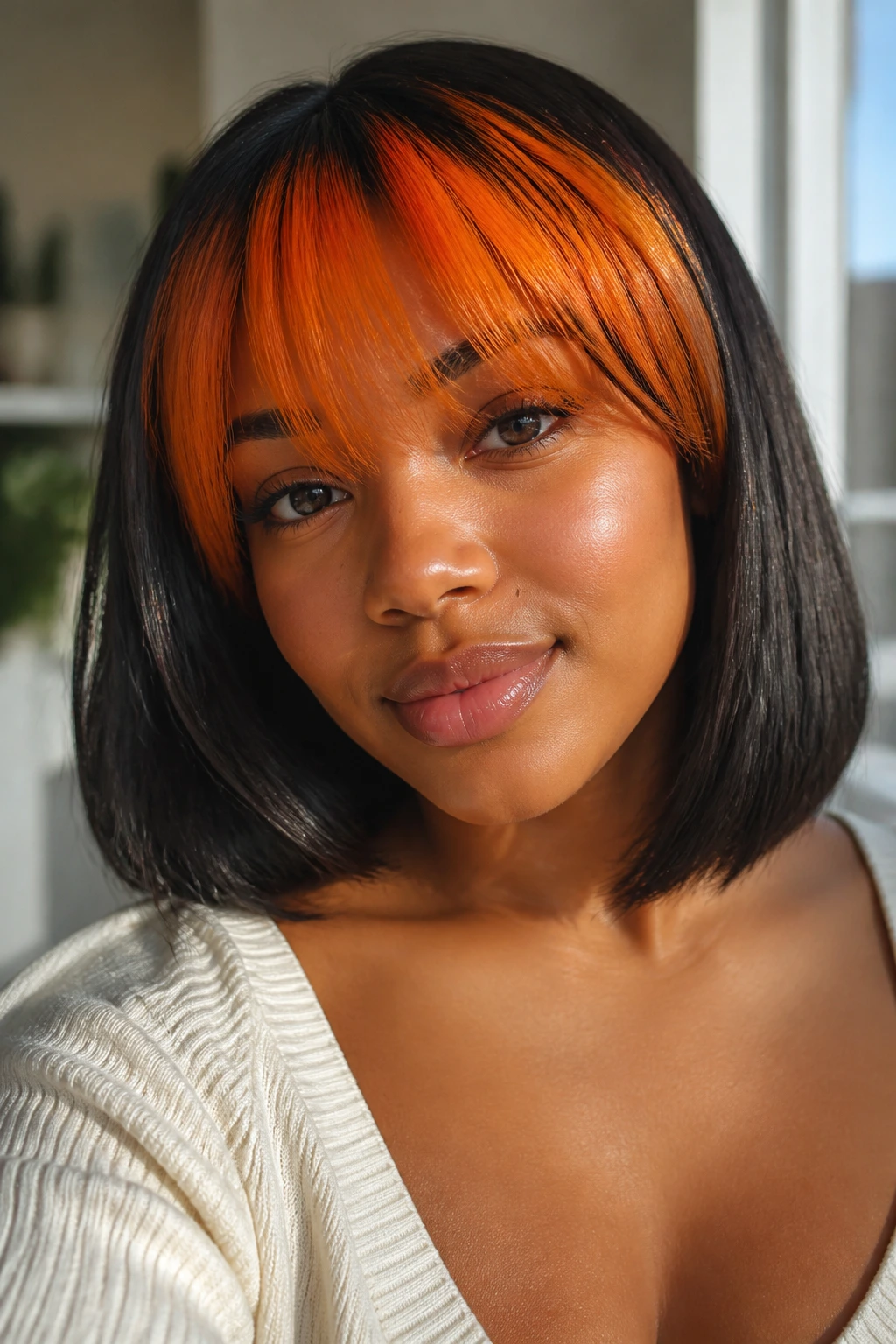 Real person with classic lob and thick sunset orange arching bangs