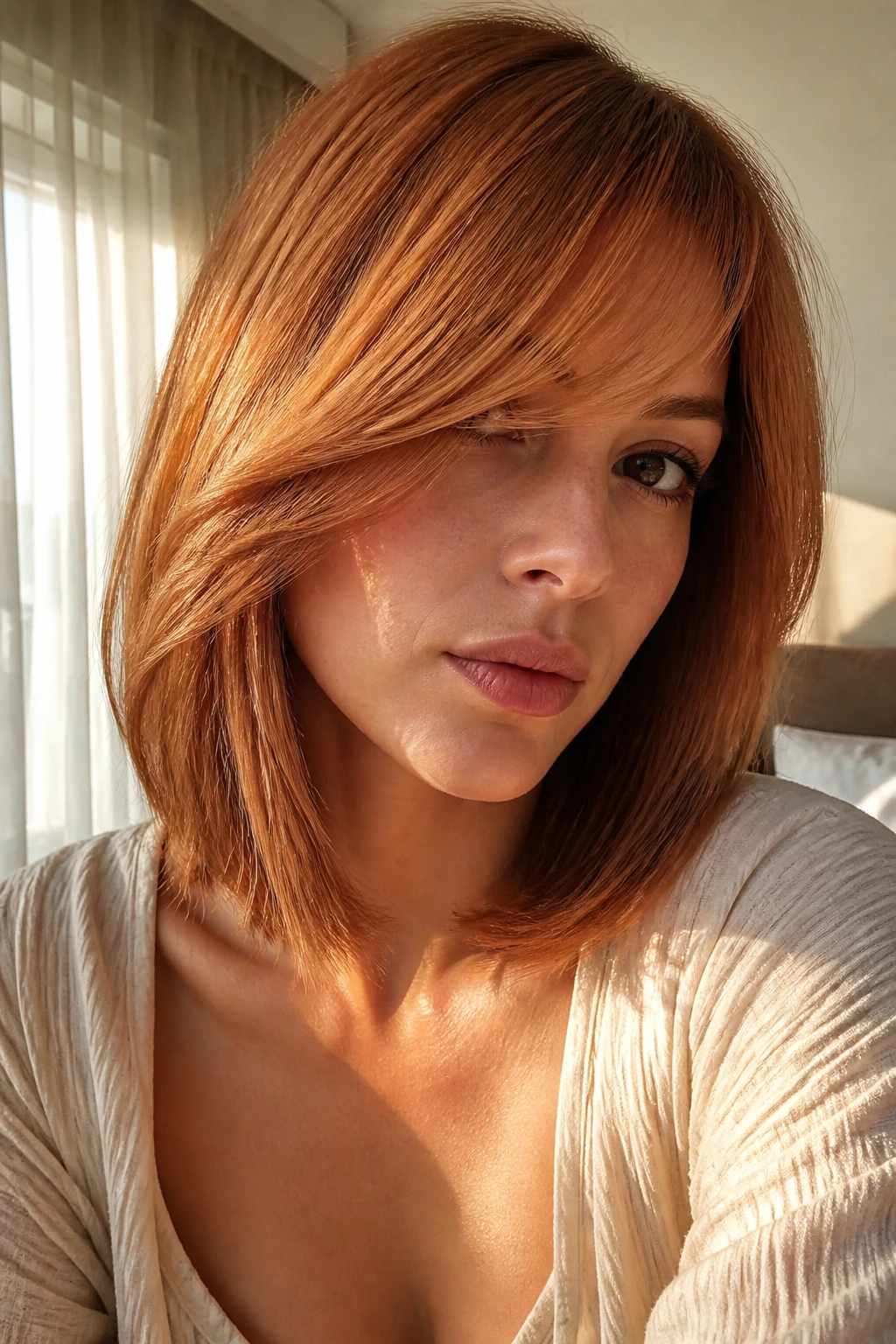 Close-up of a woman with a lob and sweeping long bangs in a sunlit bedroom