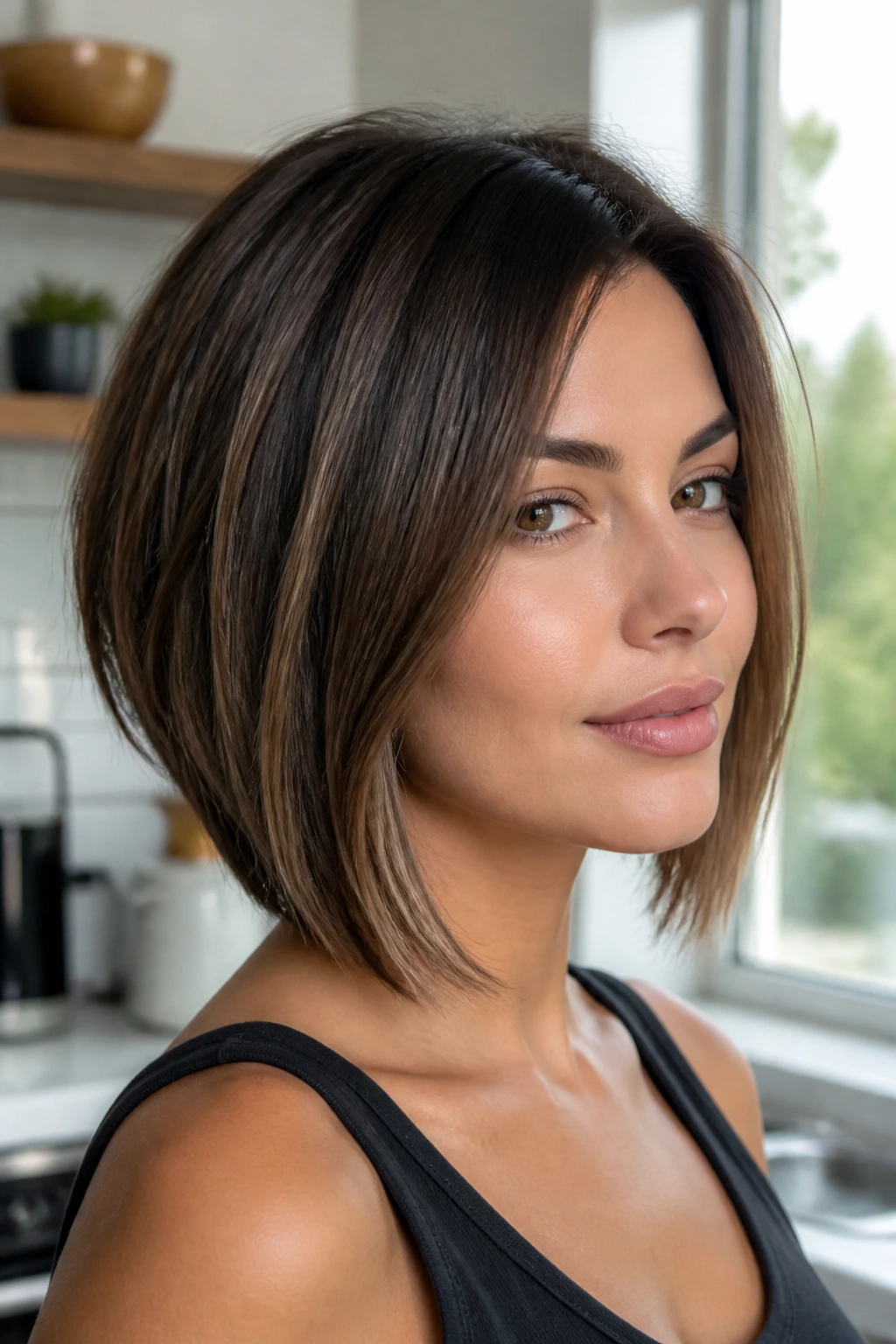 Close-up portrait of a real woman with a lob featuring deeply tapered sides in natural daylight