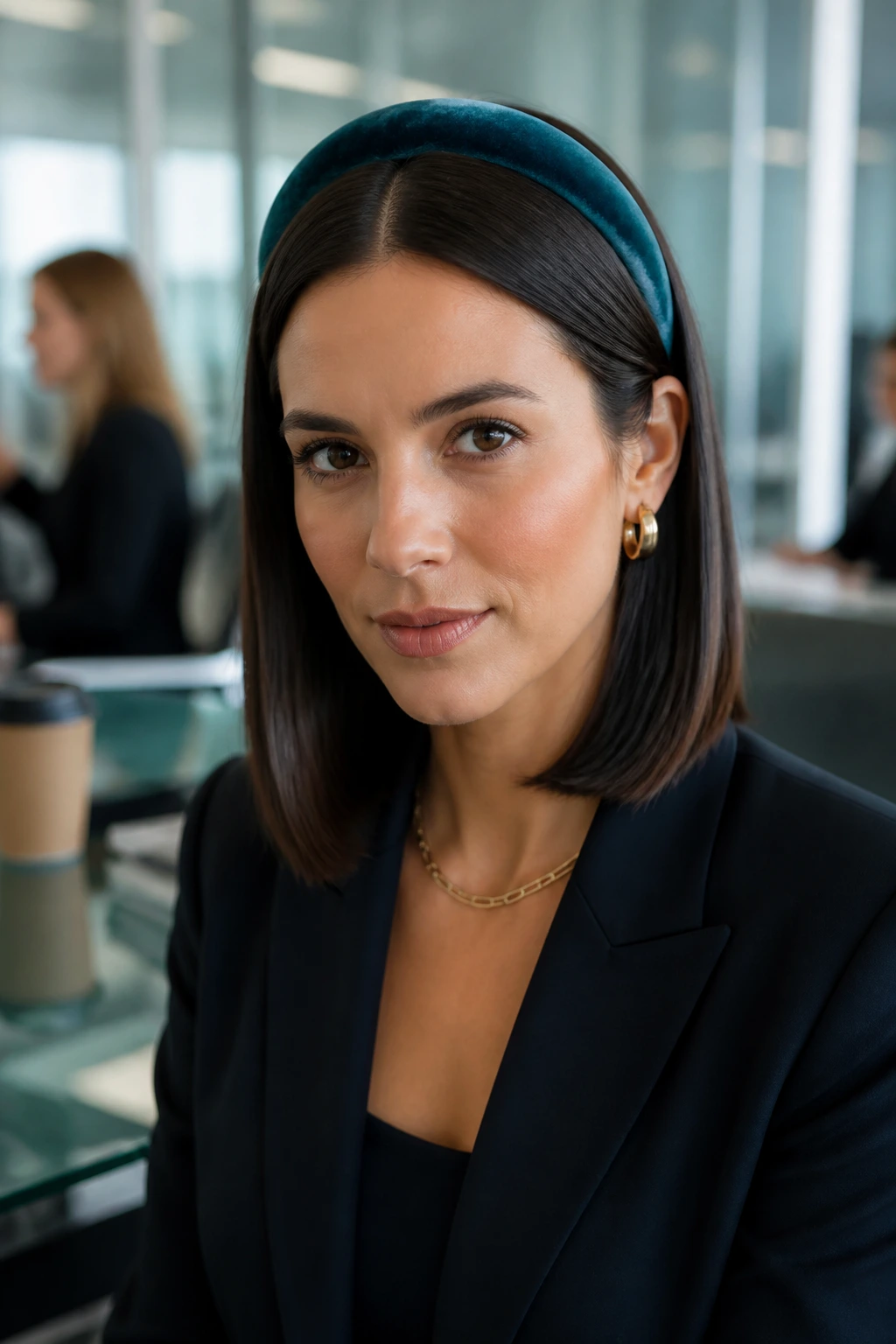 Portrait of a person with a center-parted sleek lob and teal velvet headband in an office