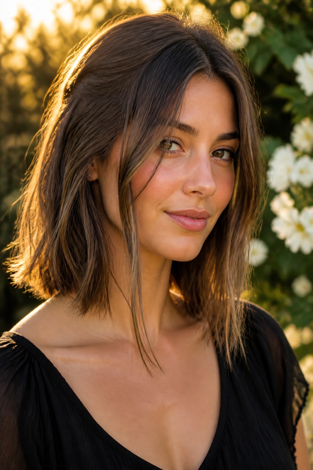 Close-up portrait of a real woman with long tendrils framing the face
