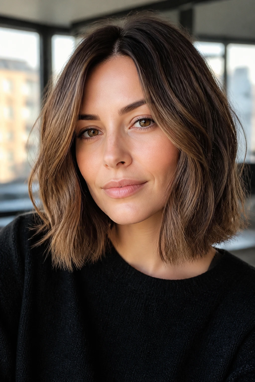 Close-up portrait of a real woman with a lob featuring textured blunt ends