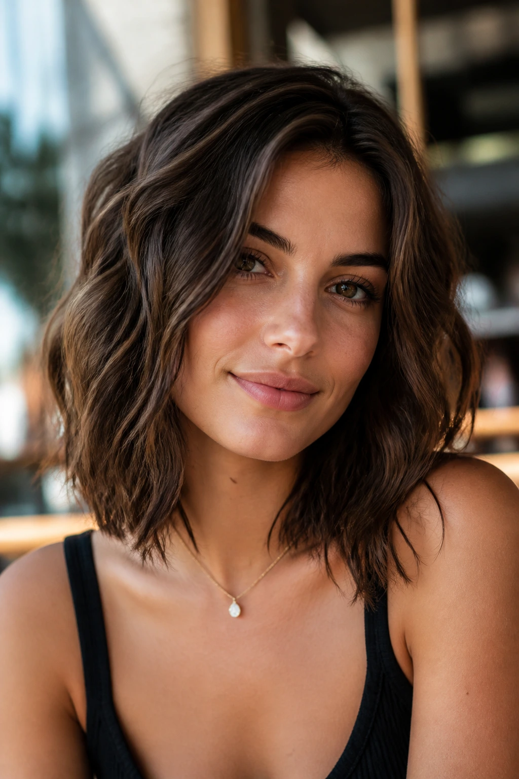 Close-up of a lob with textured waves on a real person with chocolate brown hair.