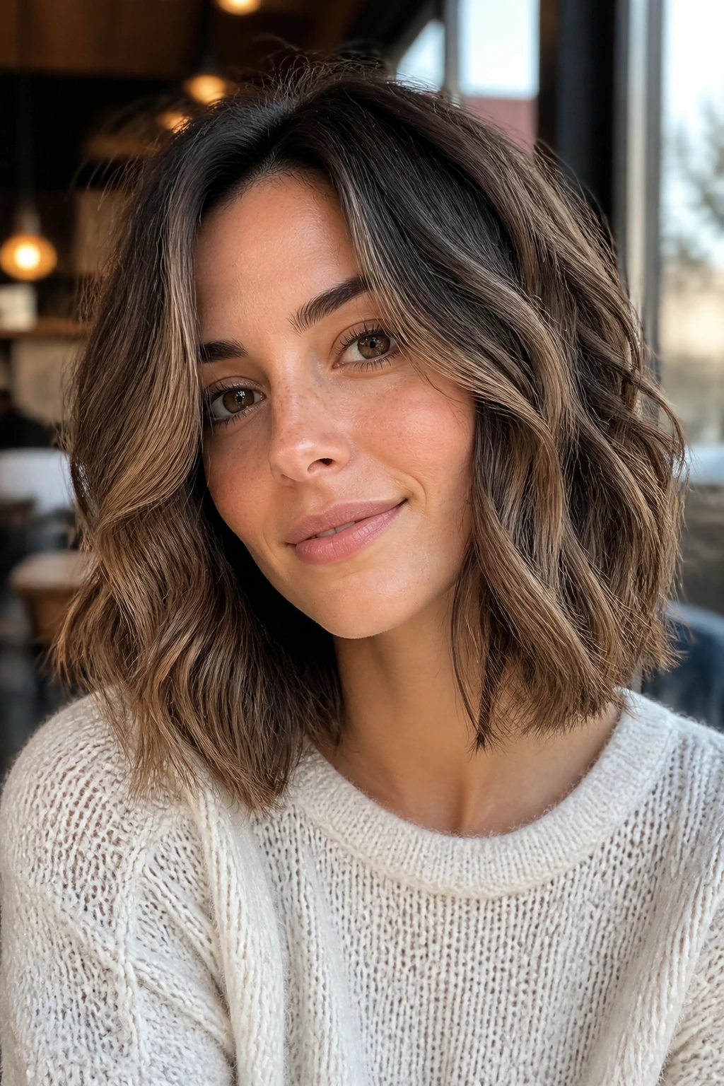 Real woman with textured lob showing face-framing layers in soft daylight