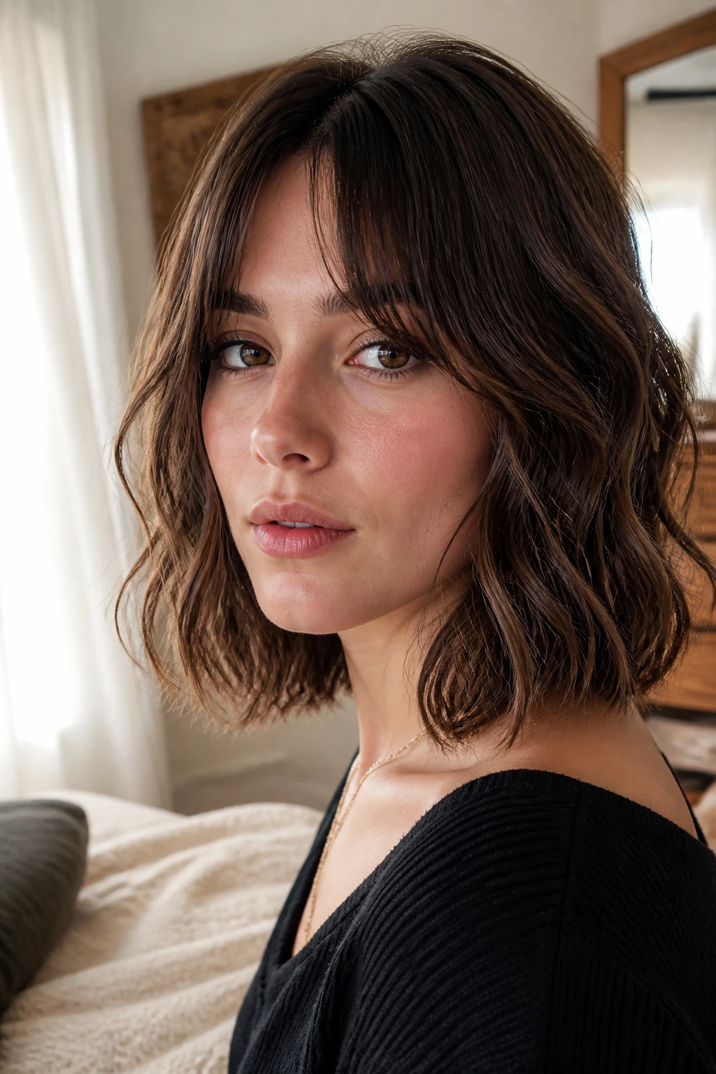 Portrait of a real woman with a chin-length lob and curtain bangs in a cozy home setting