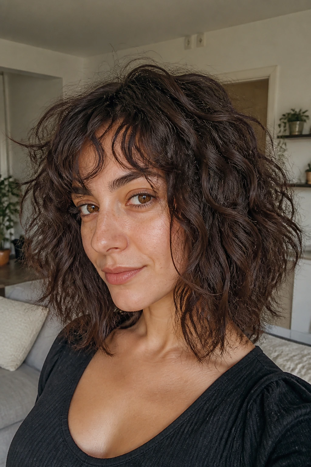 Real person with a choppy uneven lob; jaw- and shoulder-length layers creating jagged ends in natural light.