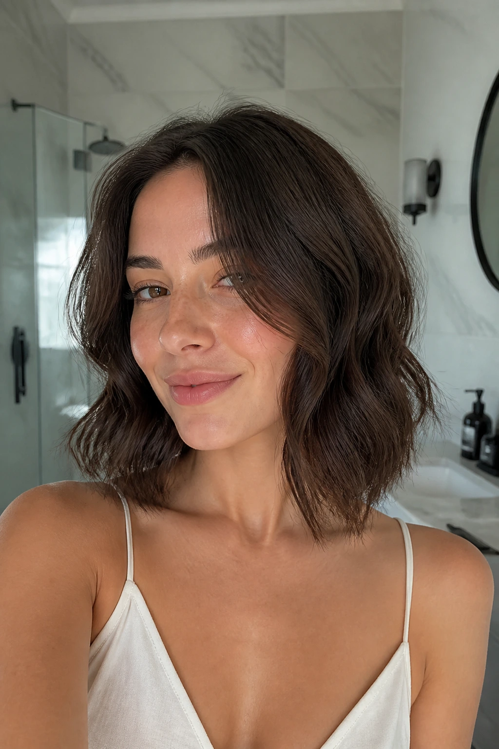 Close-up of a real person with a shoulder-length lob and subtle waves
