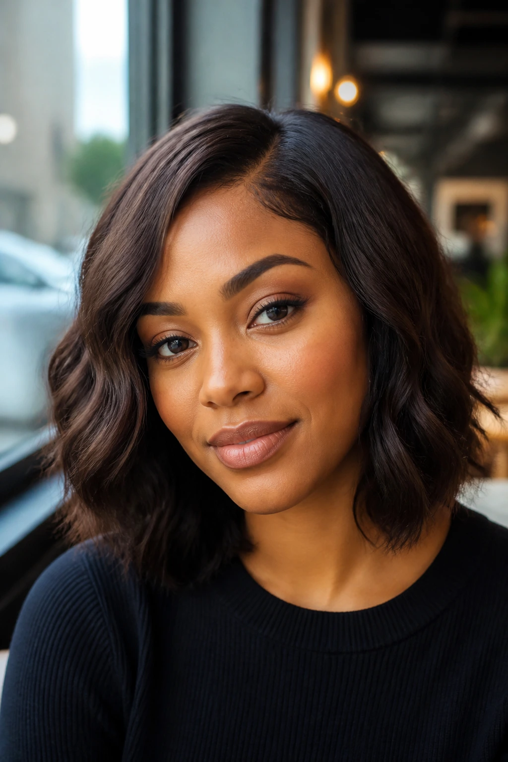 Close-up portrait of a real woman with a lob long bob and waves