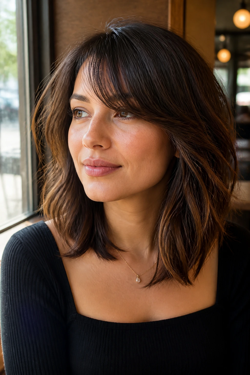 Portrait of a real woman with clavicle-grazing lob and side-swept bangs in a sunlit cafe