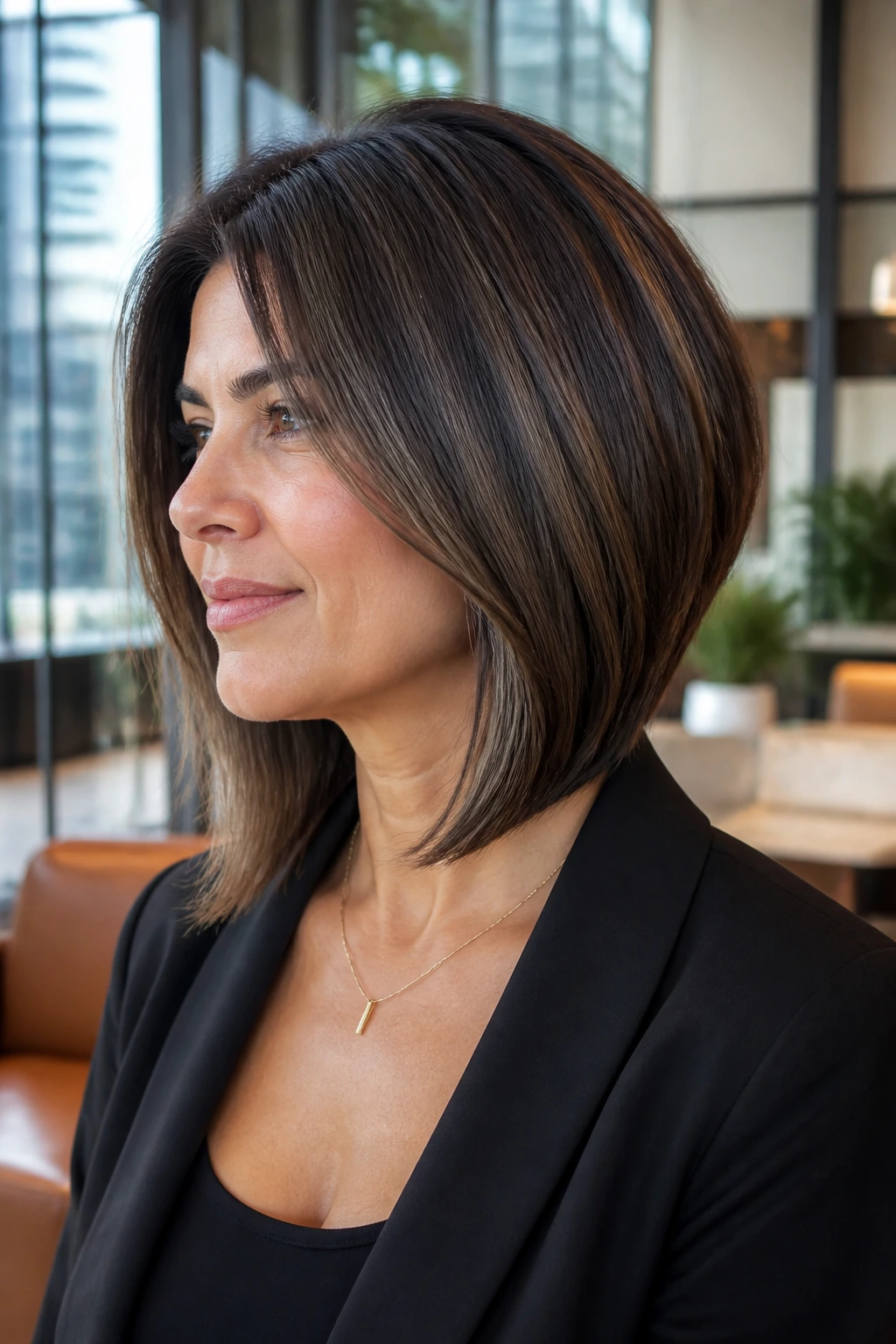 Portrait of a real person with modern lob wedge hair