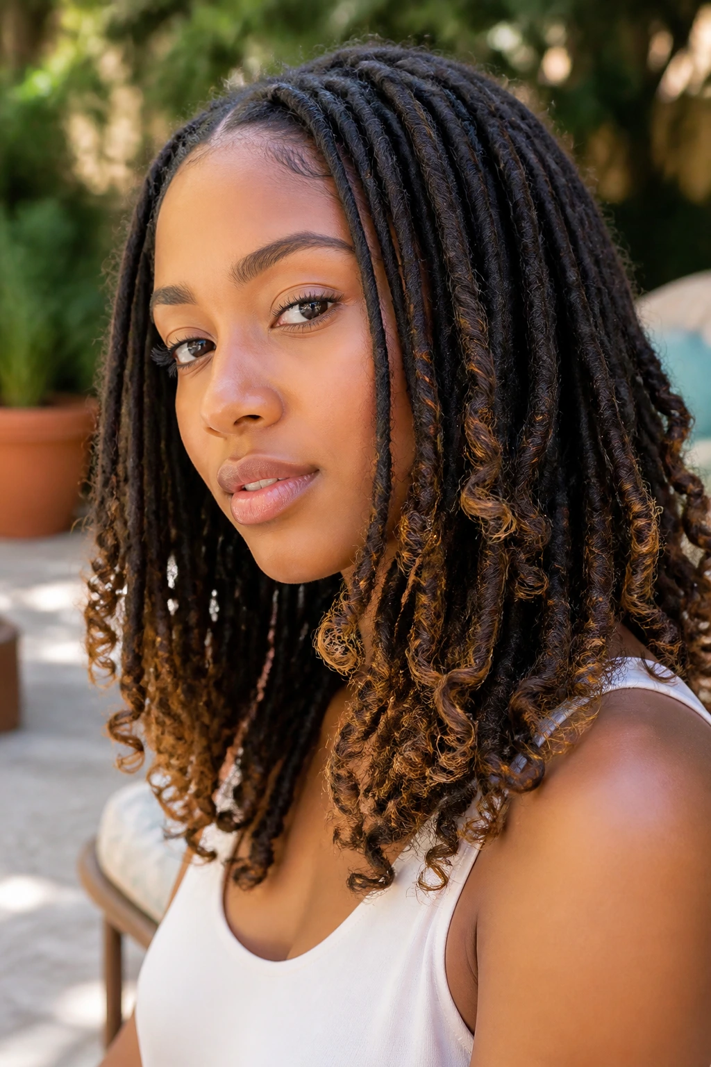 Close-up portrait of a real person with locs ending in spiral curls