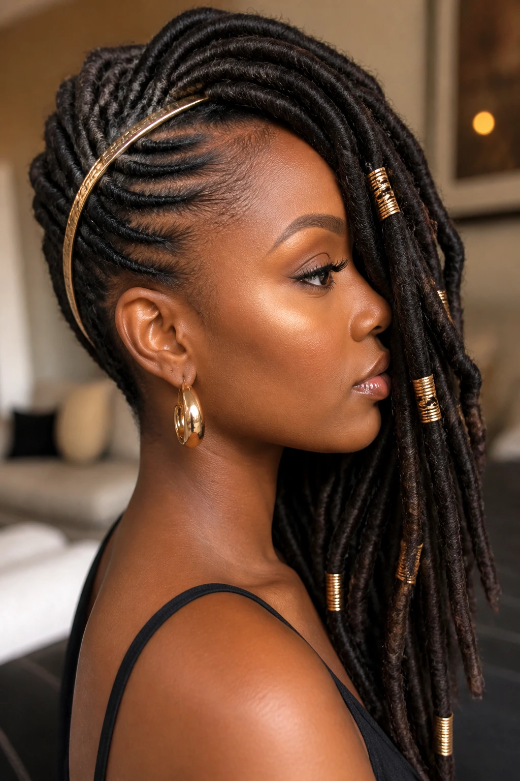 Close-up of a real woman with locs swept to the side and gold hardware