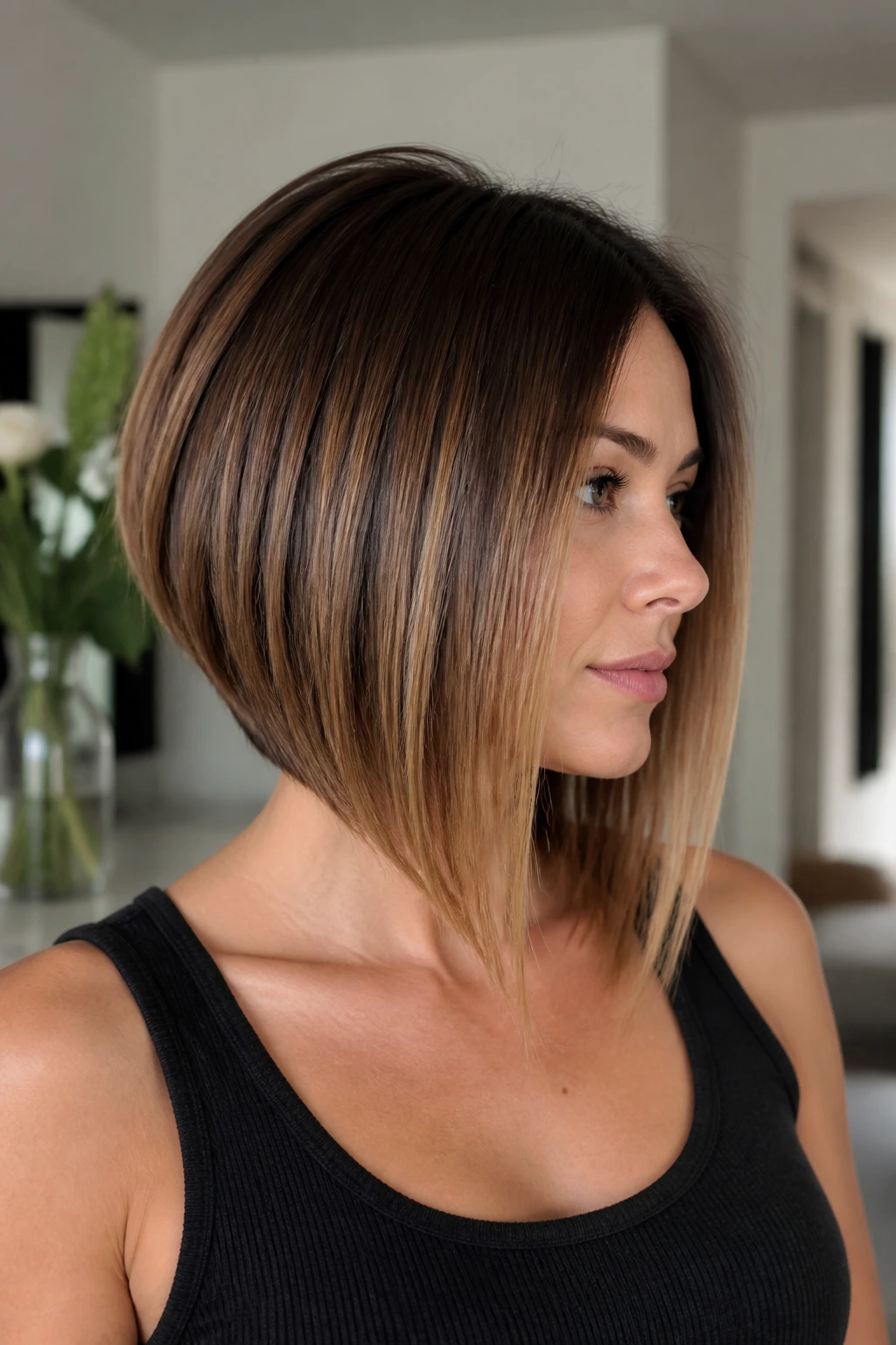 Real woman with a long A-line graduated bob showing front longer than back