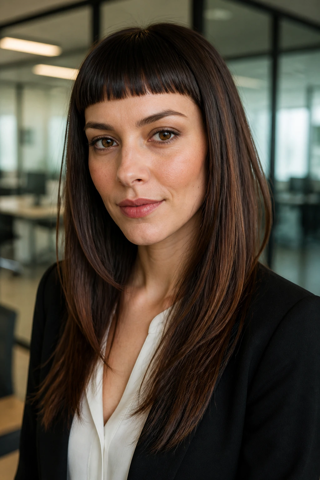 Close-up of a real woman with a long angled cut and micro-bangs in a bright office setting