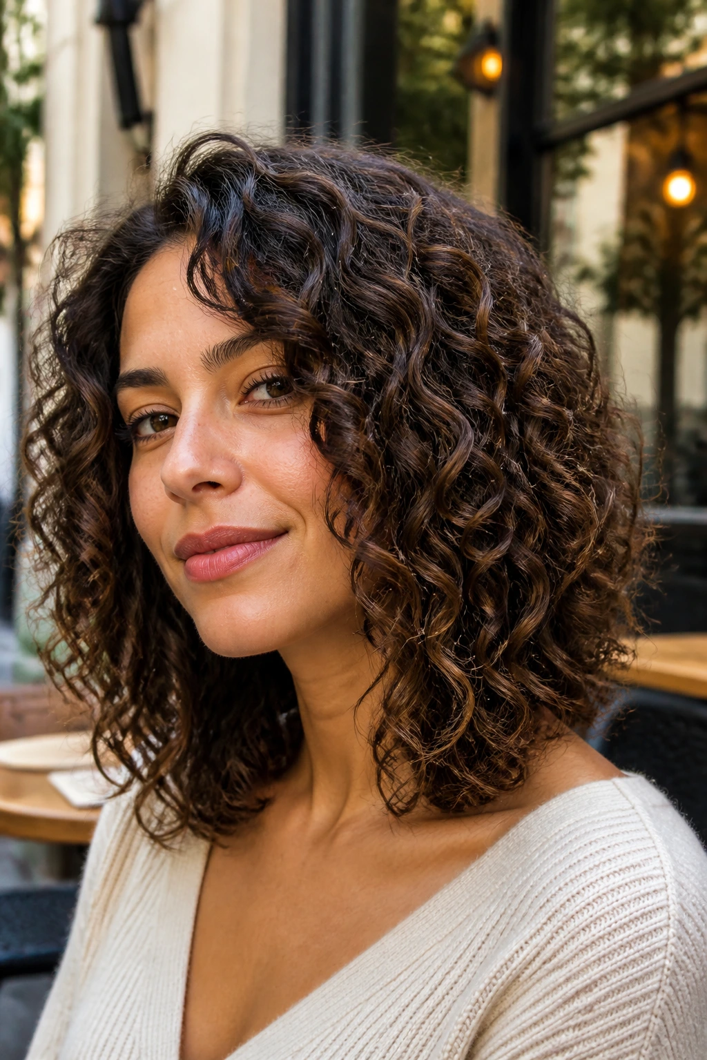 Close-up of a real woman with a long angled lob and curly hair
