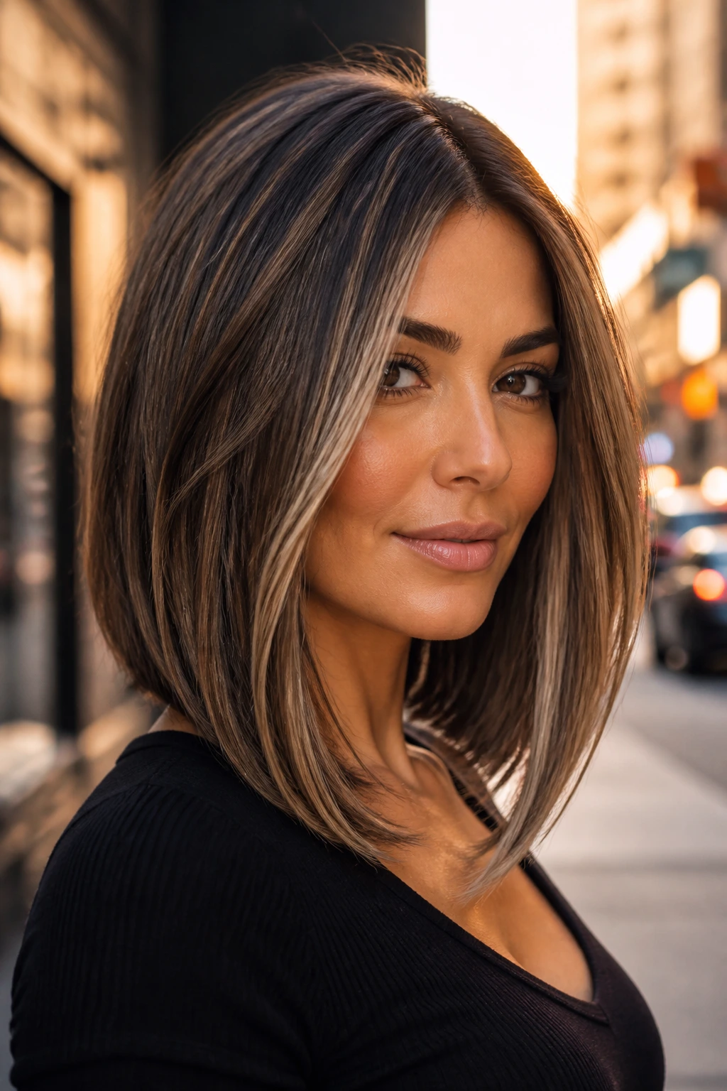 Close-up of real woman with long angled lob and face-framing highlights in outdoor light