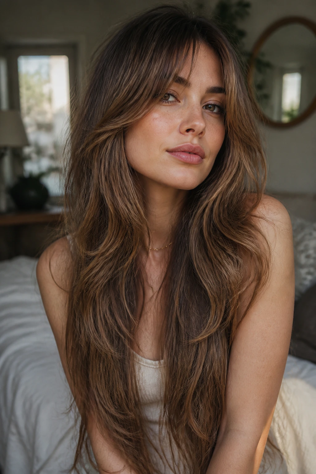 Close-up of a woman with waist-length cascading hair and grown-out bangs blending into face-framing layers in natural light.