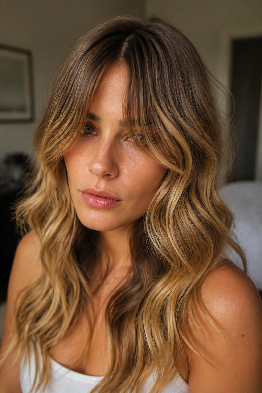 Close-up of a real woman with long grown-out bangs and face-framing waves in warm window light.