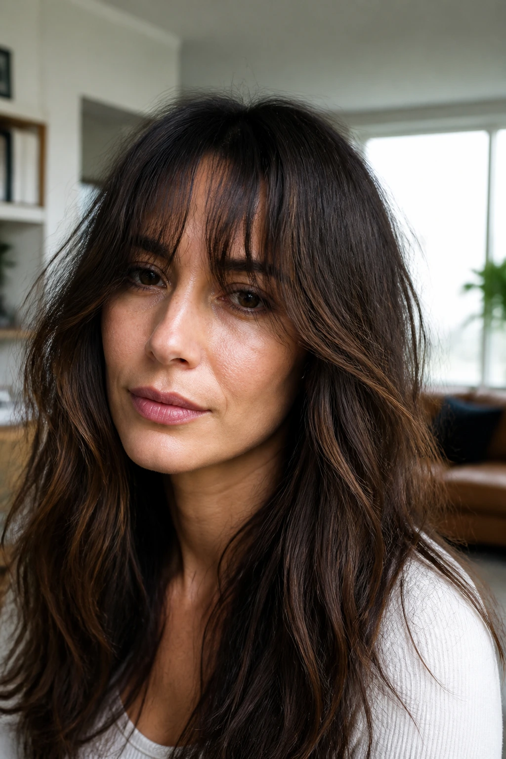 Close-up of a real woman with long bangs showing weight and frizz in natural window light