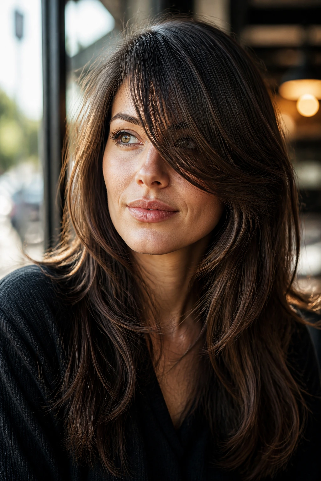 Real woman with long side-skimming bangs framing her face