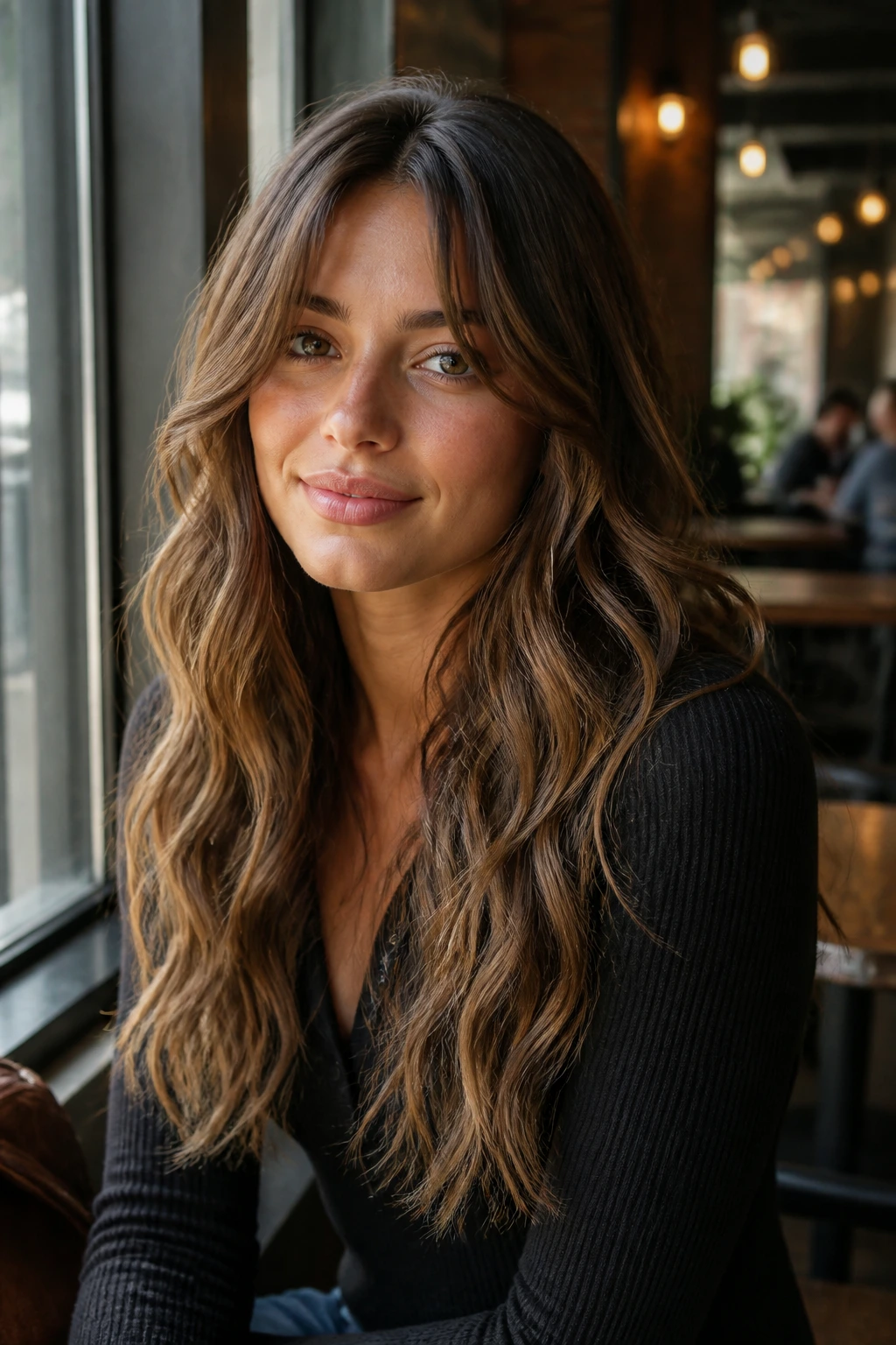 Portrait of a person with long beachy waves and curtain bangs in a campus cafe.