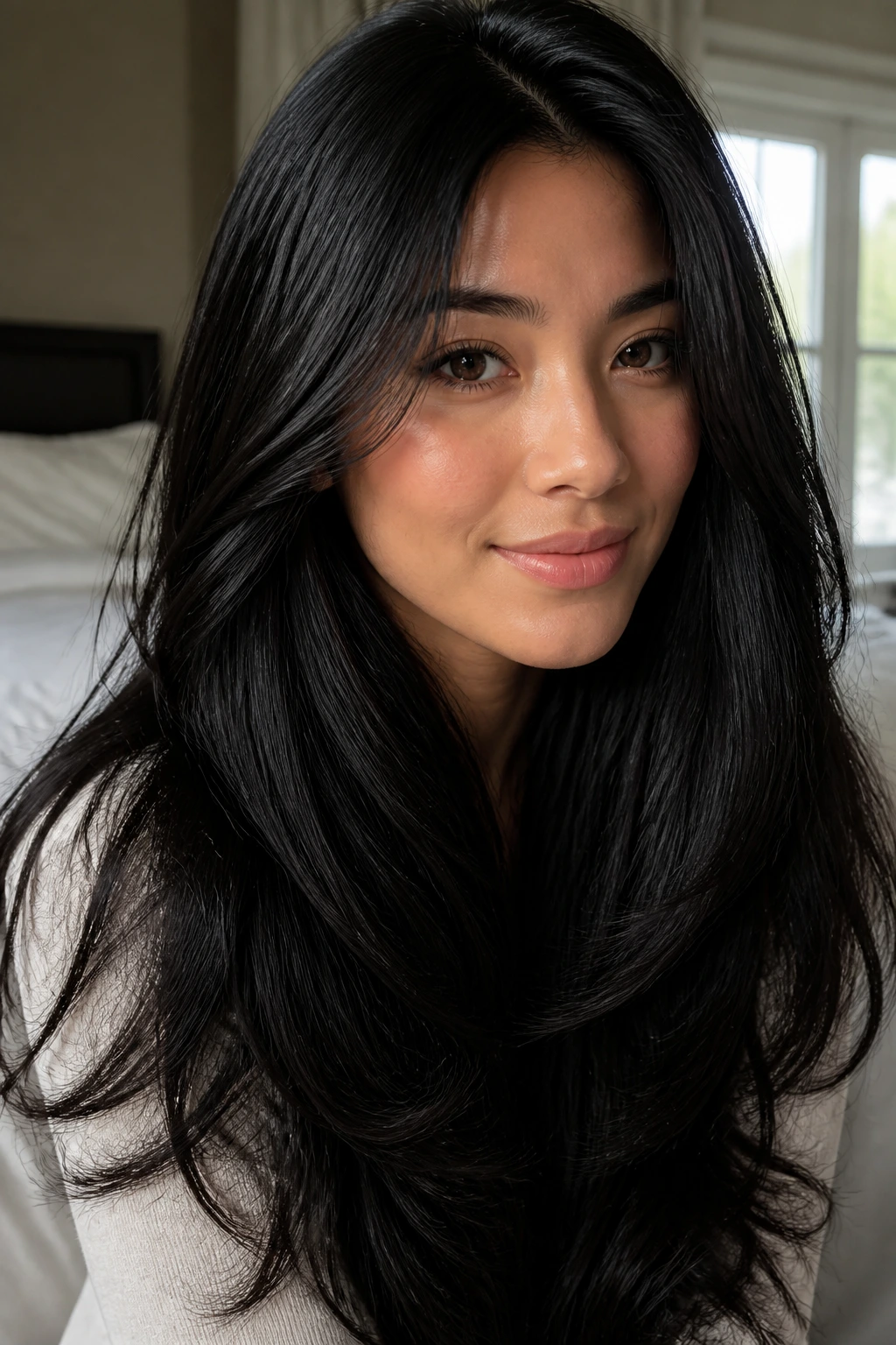 Close-up of a real woman's long black hair silhouette in natural window light.