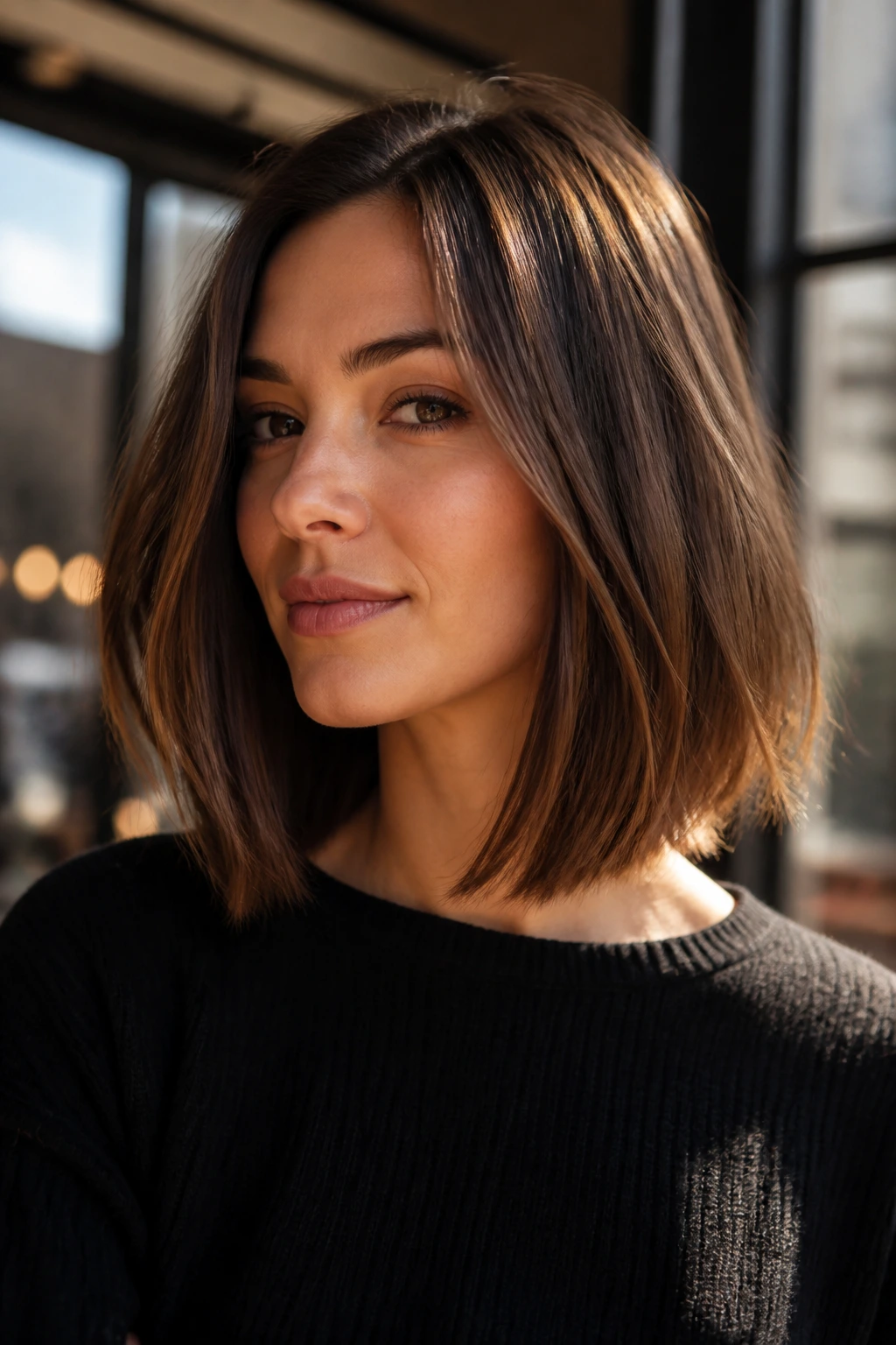 Close-up of a woman with a long bob and subtle face-framing