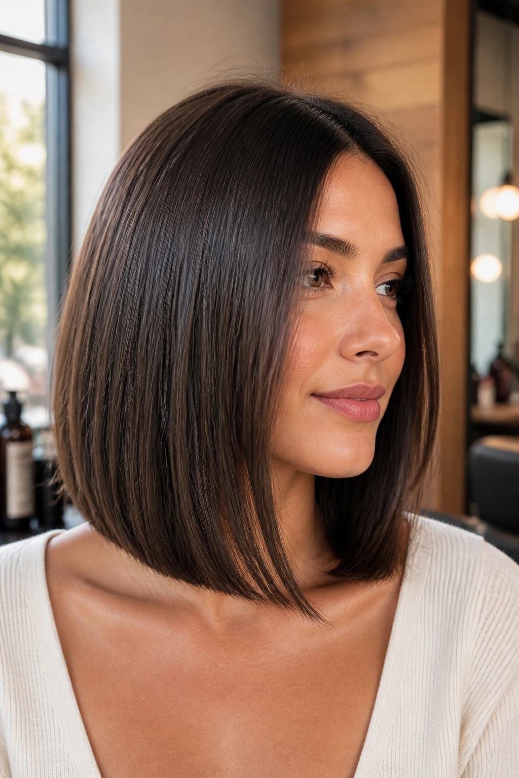 Close-up of a real woman with a sleek long bob and hidden layers in a salon