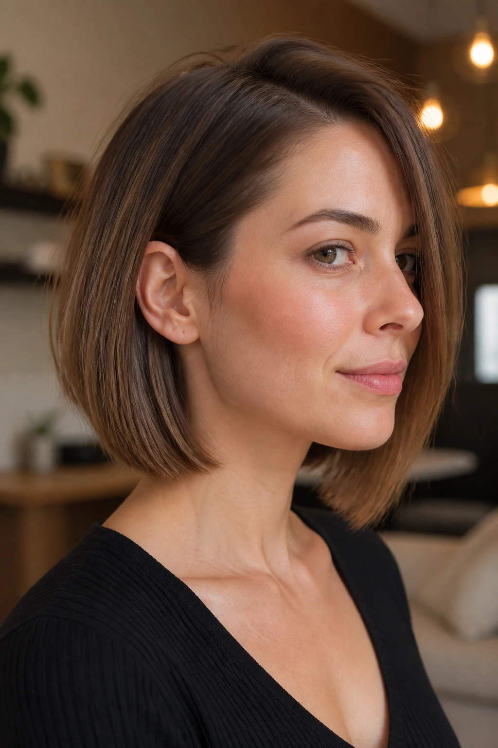 Long bob hairstyle with a hidden undercut, visible profile with concealed nape.