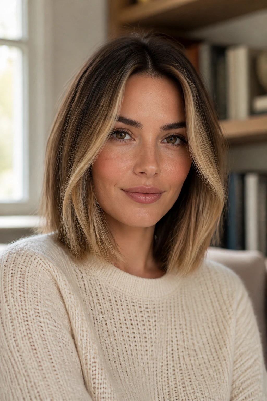 Close-up of a real person with a long bob and face-framing highlights
