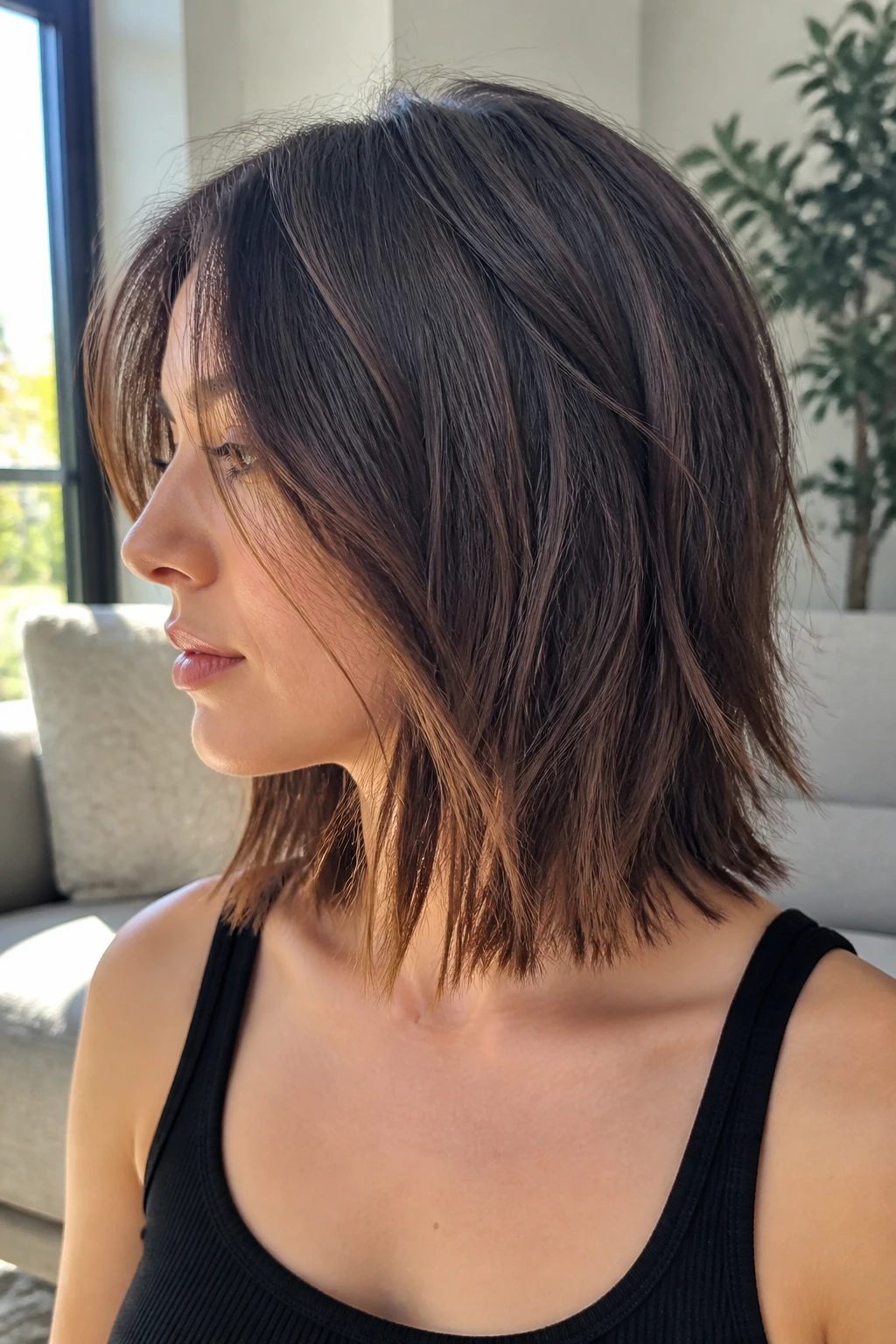 Real person with long bob showing internal slicing texture in daylight