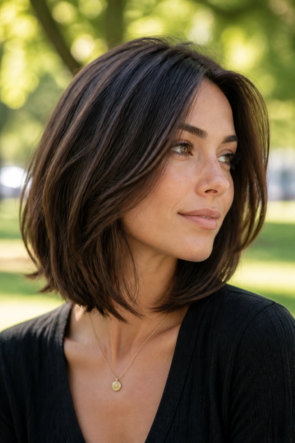 Close-up of a woman with a softly layered long bob in a sunlit park