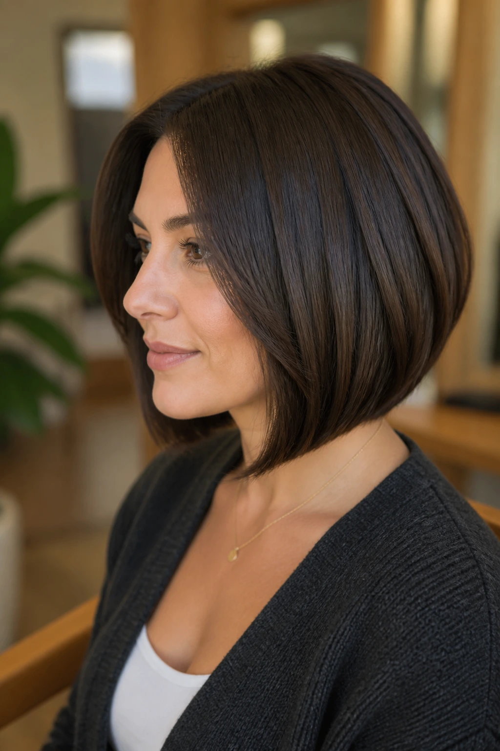 Close-up portrait of a real woman with The Long, Low-Stack Bob hairstyle in a warm salon setting
