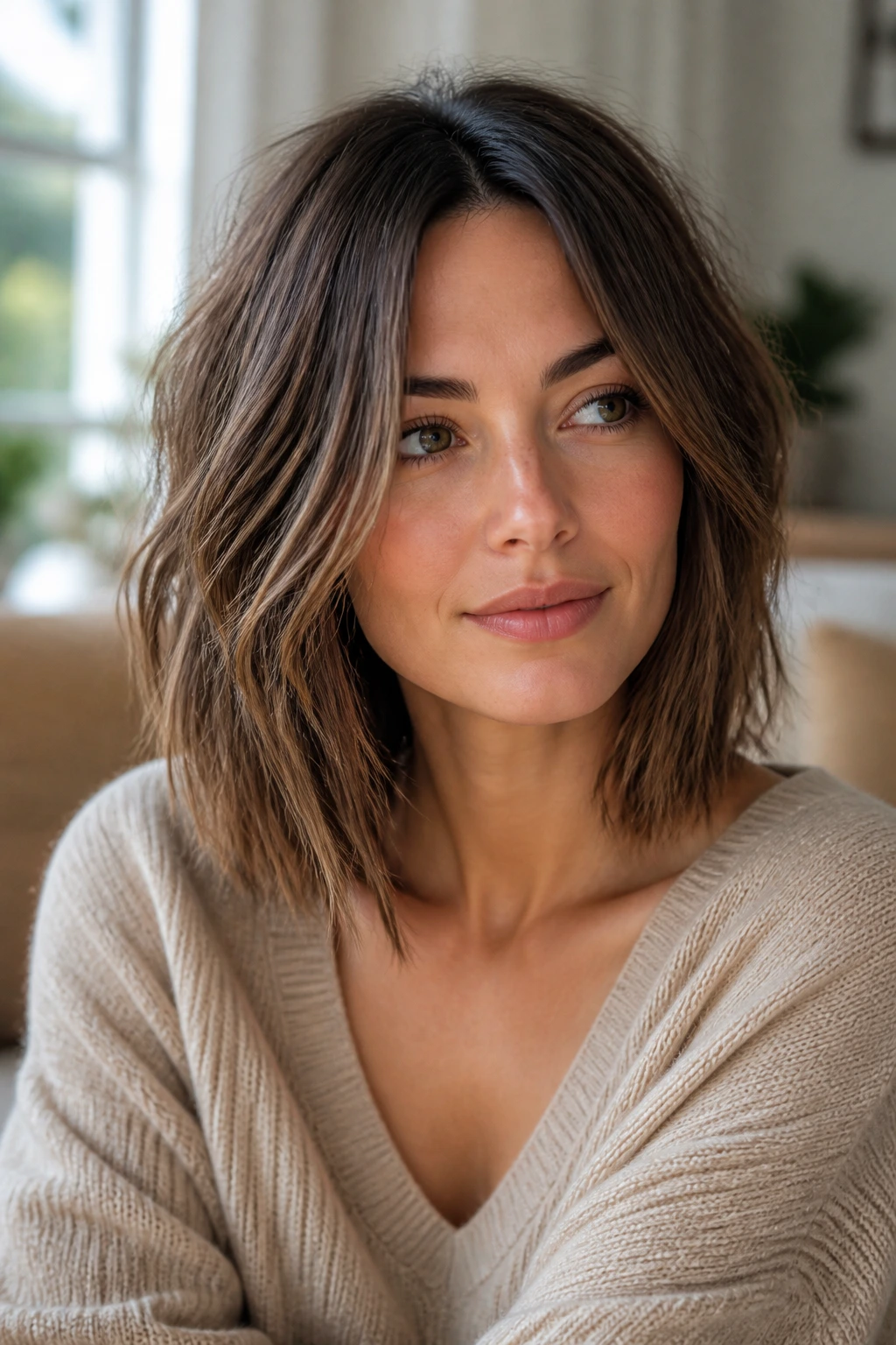 Close-up portrait of a real woman with a long, choppy bob in cozy daylight