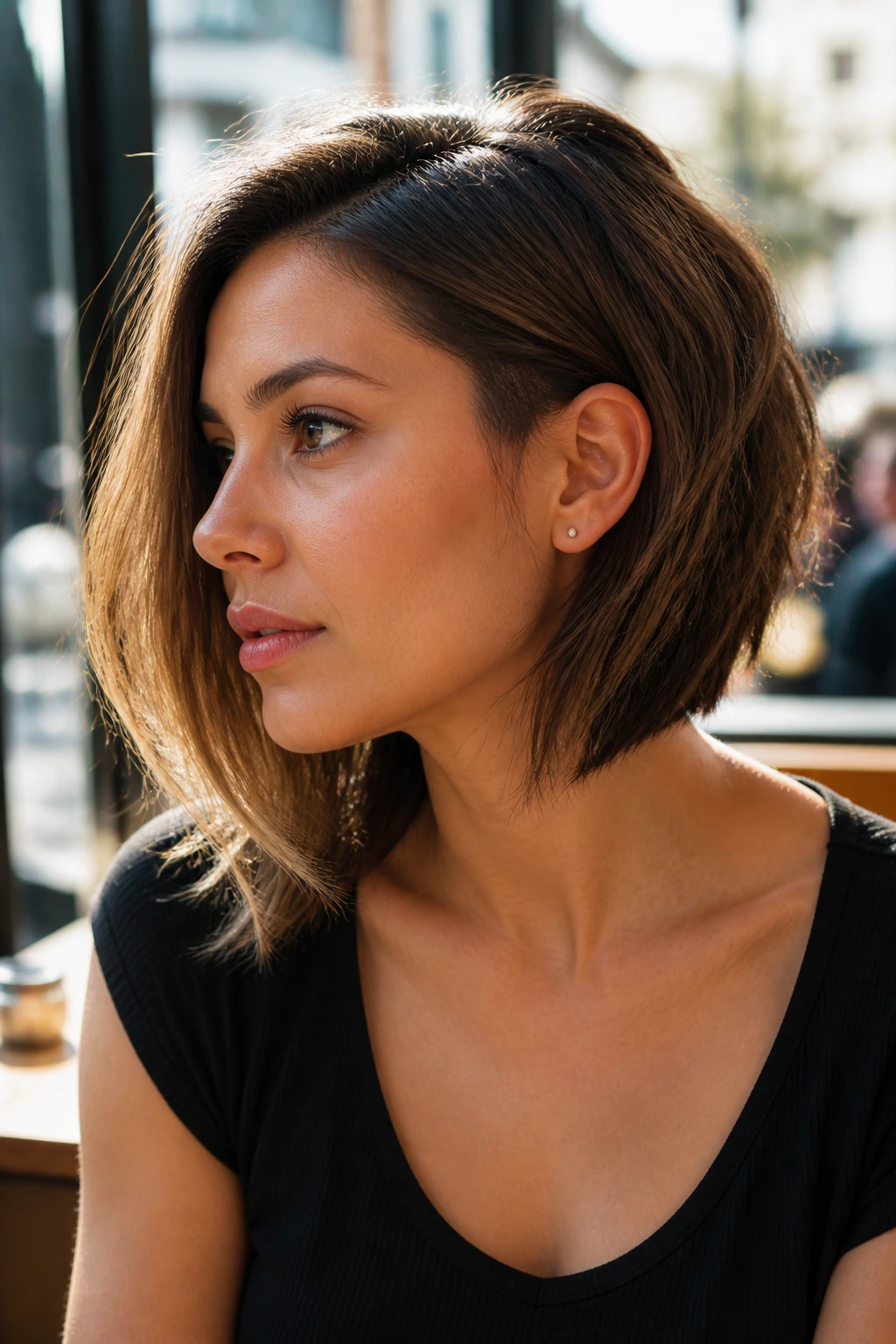 Real person with long bob undercut texture in sunlit cafe setting