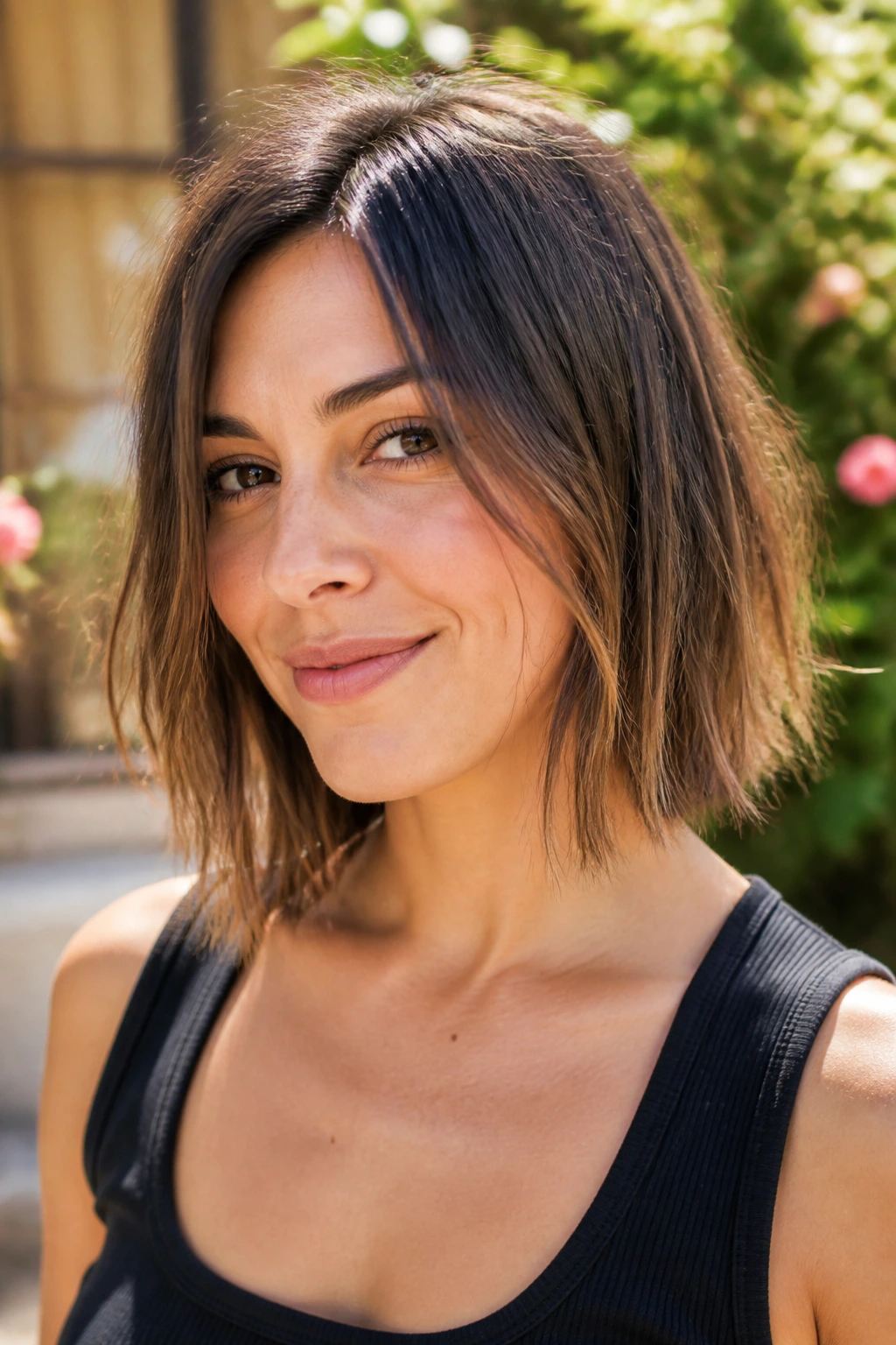 Medium close-up of a woman with a long wispy-end bob in sunlight