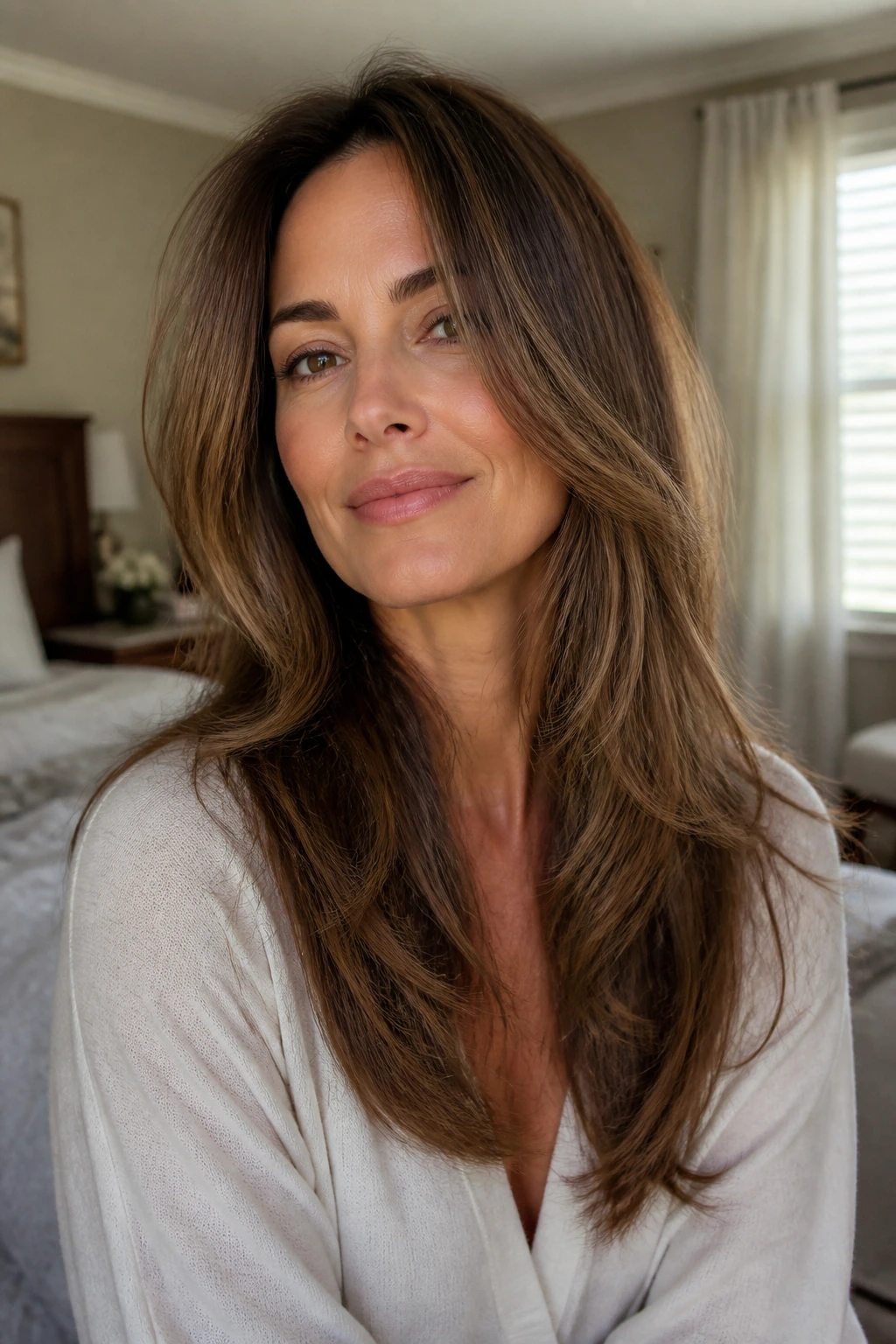 Close-up of woman with long cascading layers framing the face