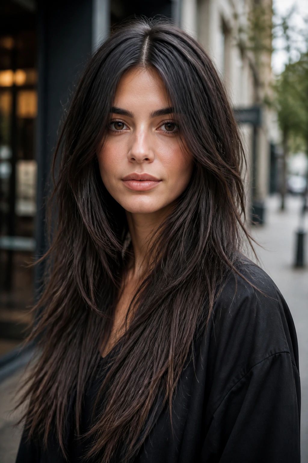 Long choppy layered cut with center part on a real woman