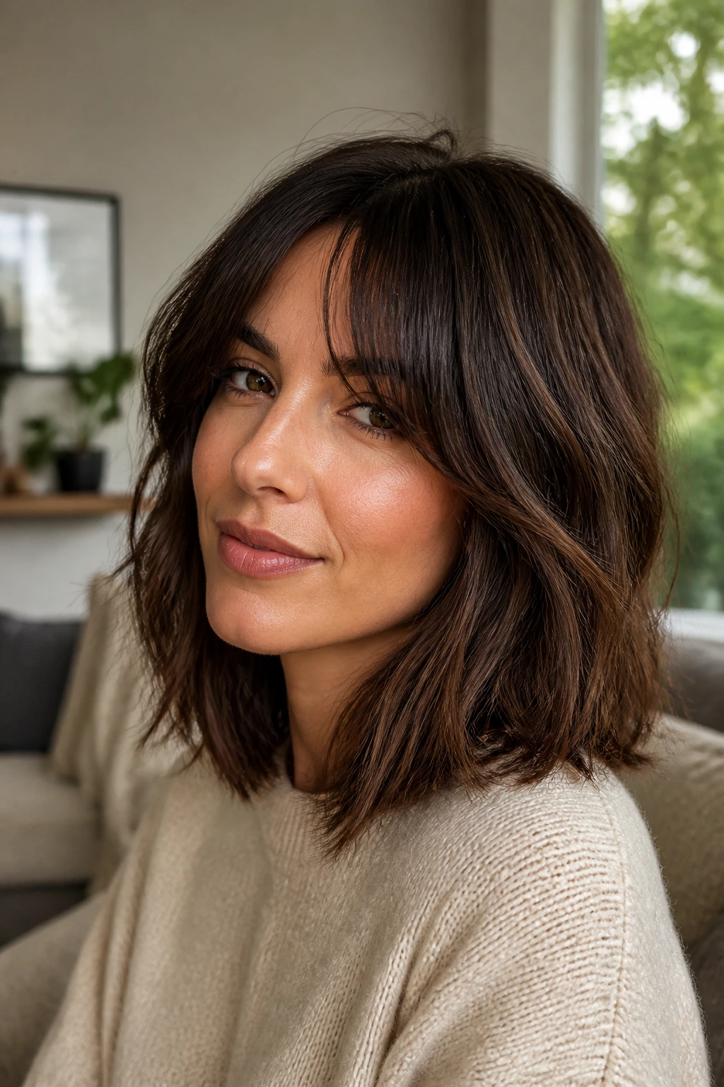 Close-up of a real woman with long choppy lob and curtain bangs in a cozy living room