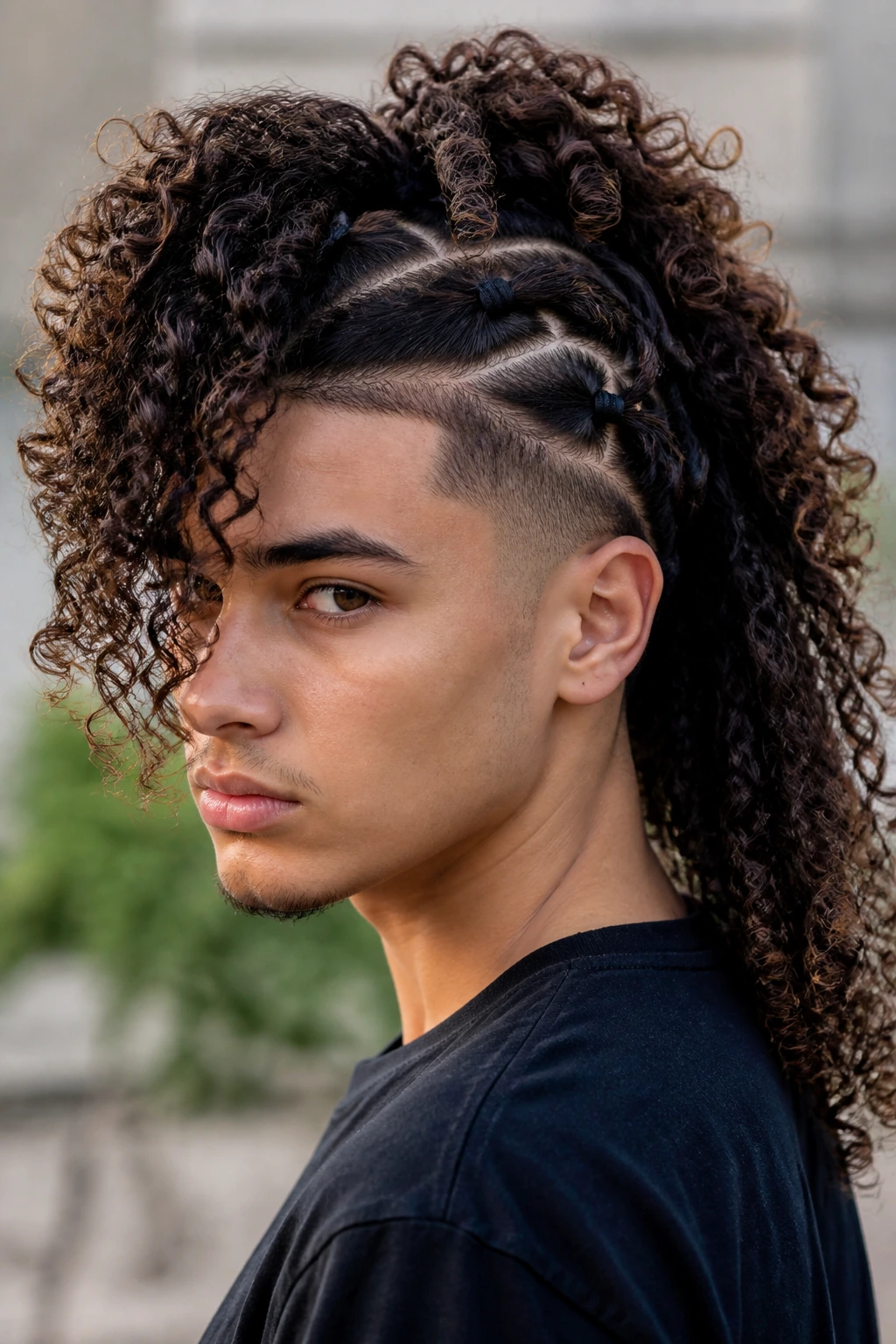 Portrait of real person with long curls cascading into a cascade hawk formed by high ponytails.
