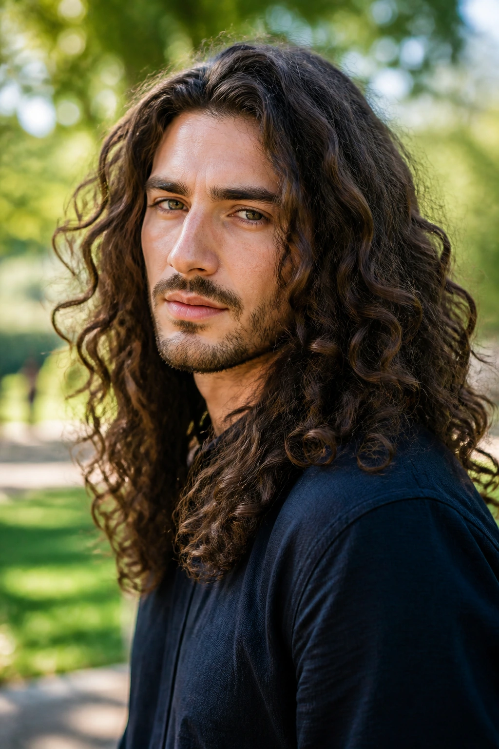 Man with long curly flow hairstyle in a sunlit park.