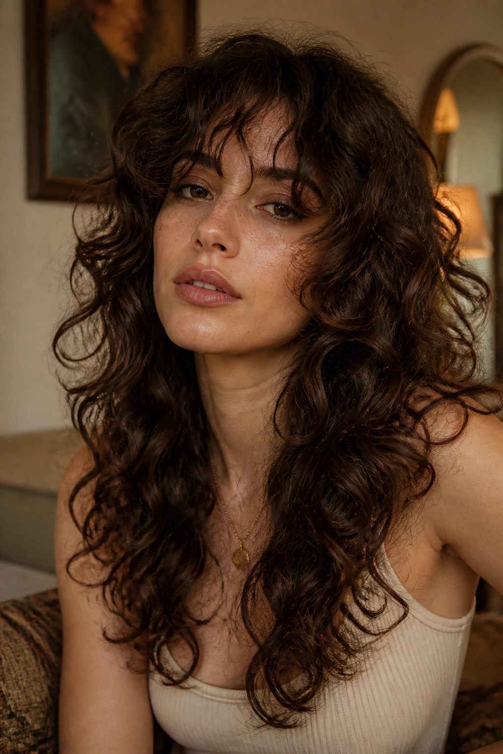 Medium close-up of a real person with long curly shag curtain bangs.